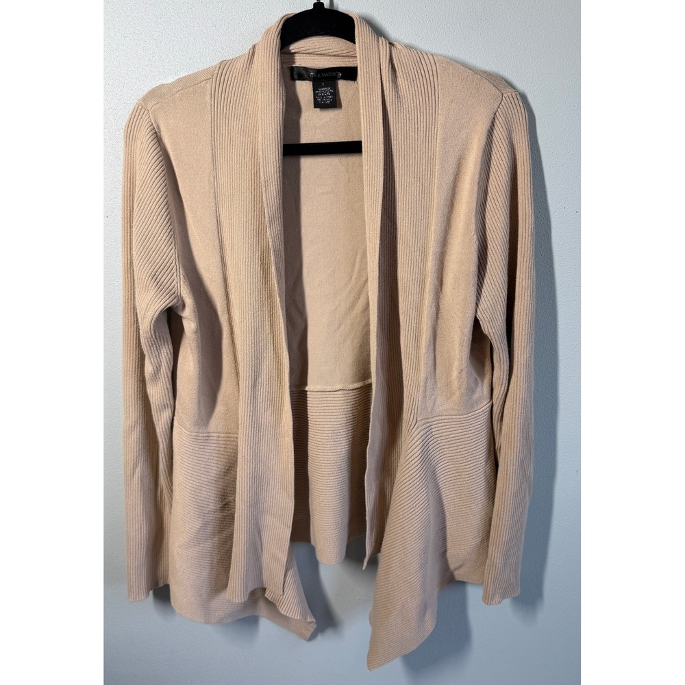 89th & Madison Beige Ribbed Open Front Cardigan Sweater Womens Large Peplum Hem